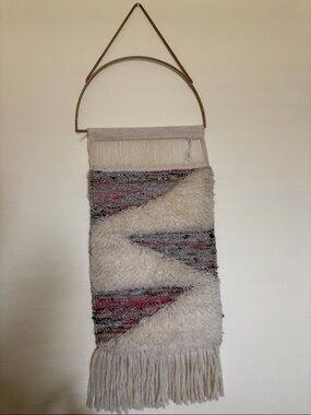 Handwoven Textured Wall Hanging - Cream with Pink & Gray Accents